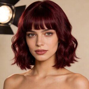 Women's Burgundy 14 Inch Curly Synthetic Cosplay Bangs Short Bob Wavy Wigs